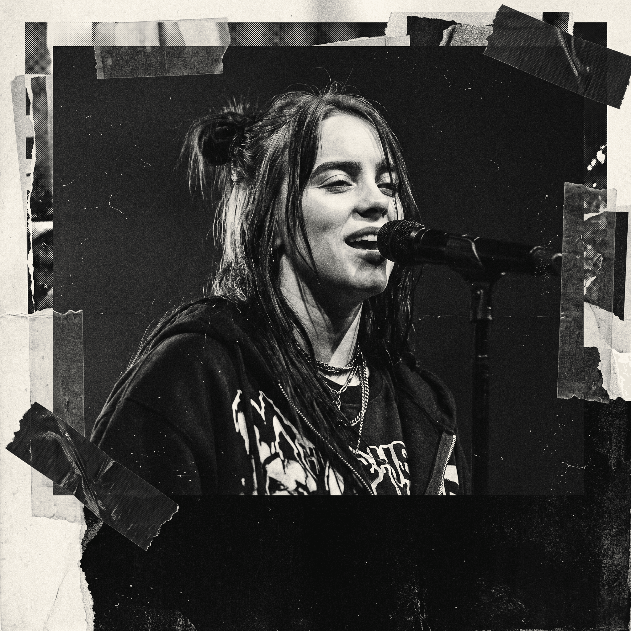 Billie Eilish performing, in a torn-paper collage